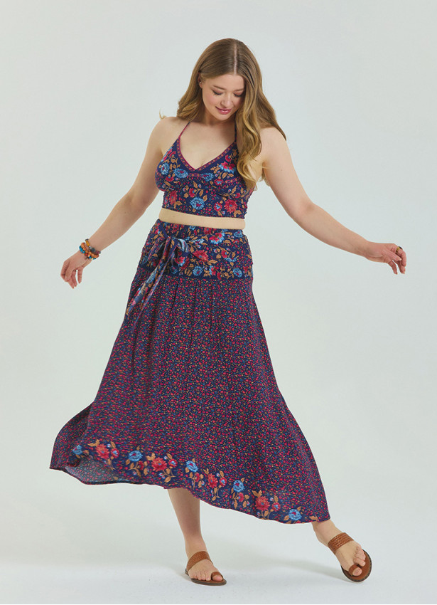 Floral Patterned Loose Asymmetric Plus Size Skirt
